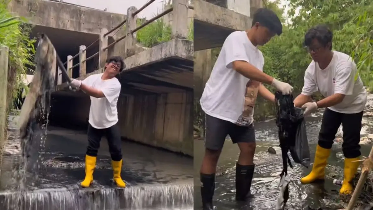 Aksi Mulia Polisi Seorang Diri Bersihkan Sampah di Sungai, Air Jadi Mengalir Lancar