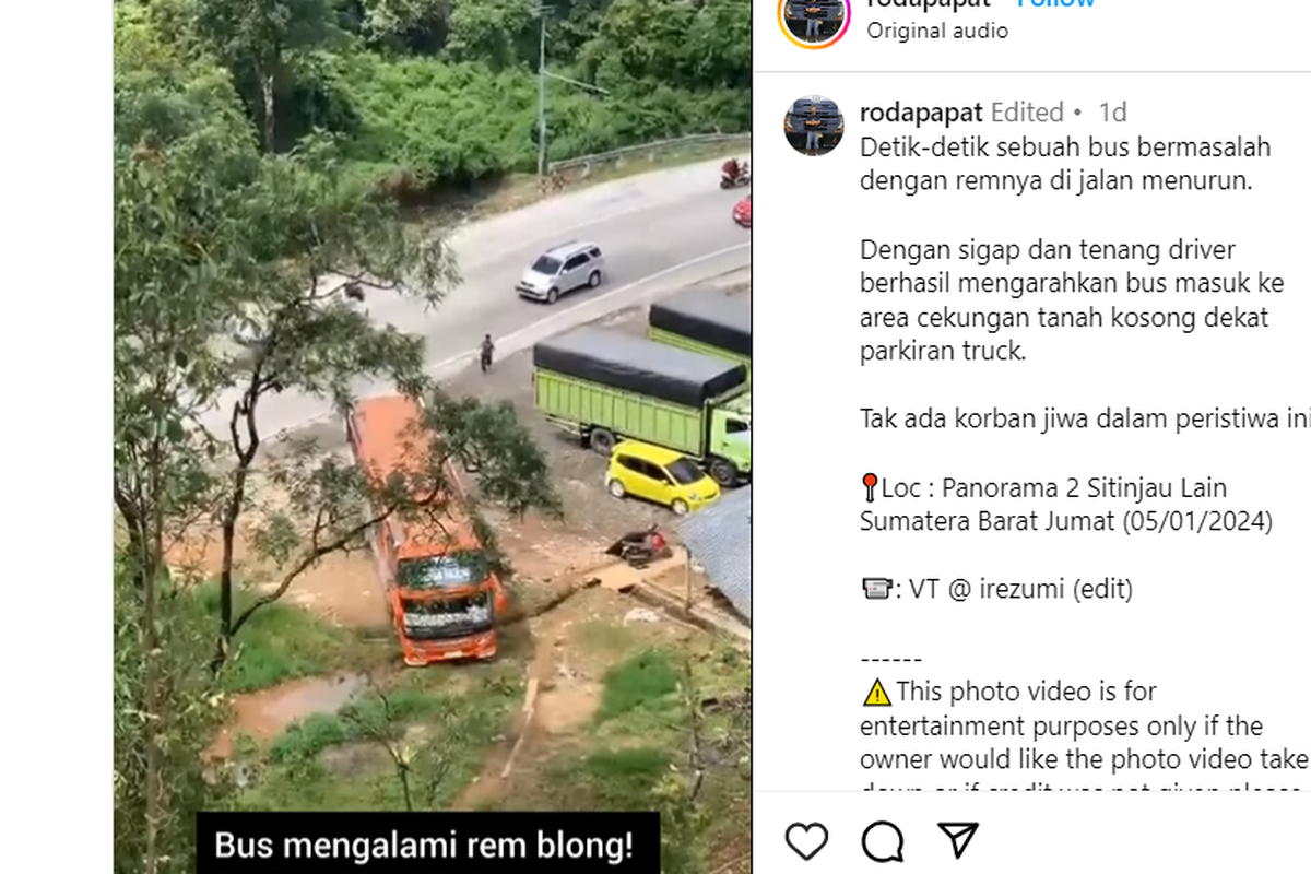 Aksi Sopir Bus Menaklukkan Turunan Saat Alami Rem Blong