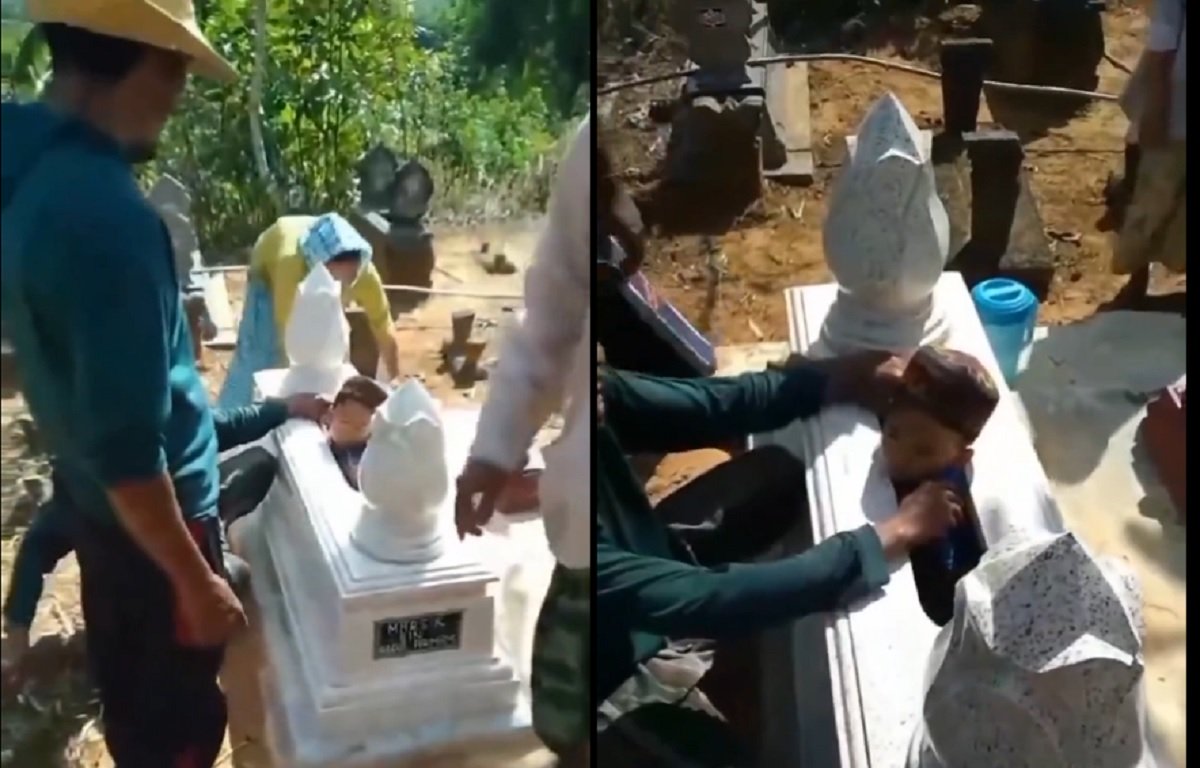 Bocah Tersangkut di Lubang Makam yang Sempit, Netizen Bingung Awal Kejadiannya