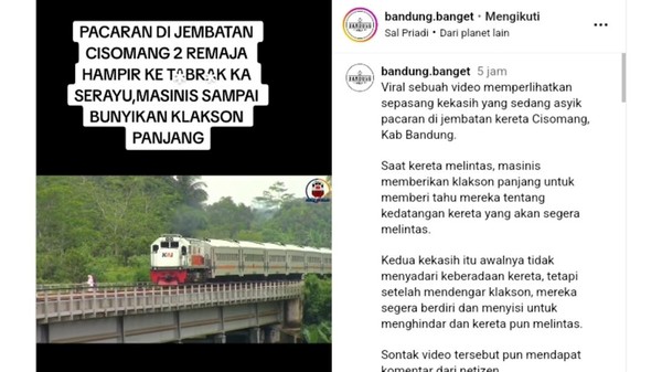 Dua Muda Mudi  di Bandung Nyaris Ketabrak Kereta, Keasikan Pacaran di Rel