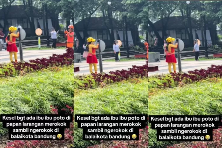 Emak emak Asik Berfoto Sambil Merokok di Papan Larangan Merokok