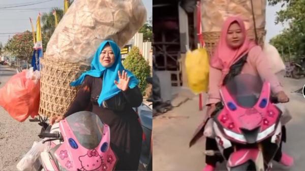 Gokil Abis Emak emak Ini Jual Kerupuk Naik Moge Pink, Ternyata Ada Kisah Sedih Dibalik Perjuangannya