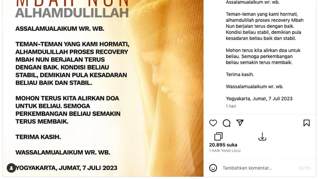 Kondisi Cak Nun Membaik dan Stabil Doa Terus Mengalir untuk Suami Novia Kolopaking