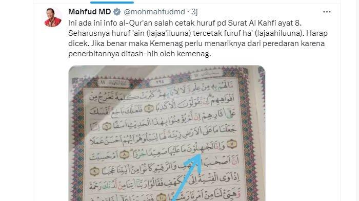 Mahfud Temukan Gambar Al Quran Salah Cetak, Kemenag Sebut Sudah Ditindak 2022