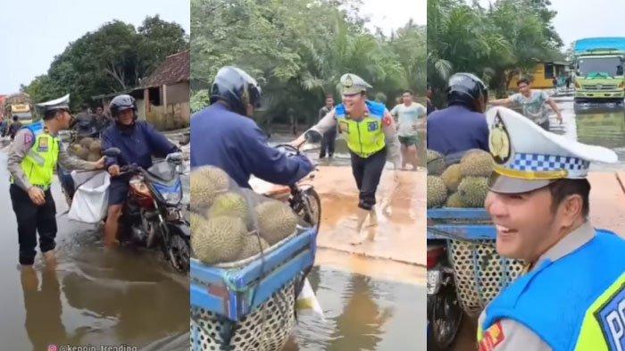 Momen Lucu Polisi Bantu Pemotor Bawa Durian