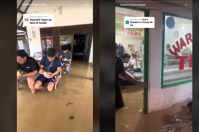 Padahal Setengah Badan Terendam Banjir, Video Pelanggan Warteg di Bandung Tetap Asyik Makan Ini Viral di TikTok