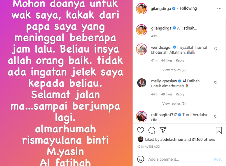 Reaksi Gilang Dirga Dikabarkan Meninggal Dunia