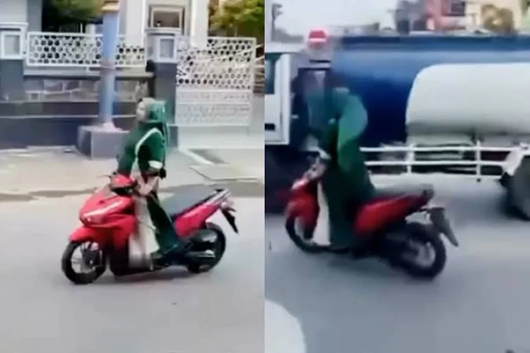 The Power Of Emak emak Bawa Motor Sambil Berdiri Nyaris Tersambar Truk