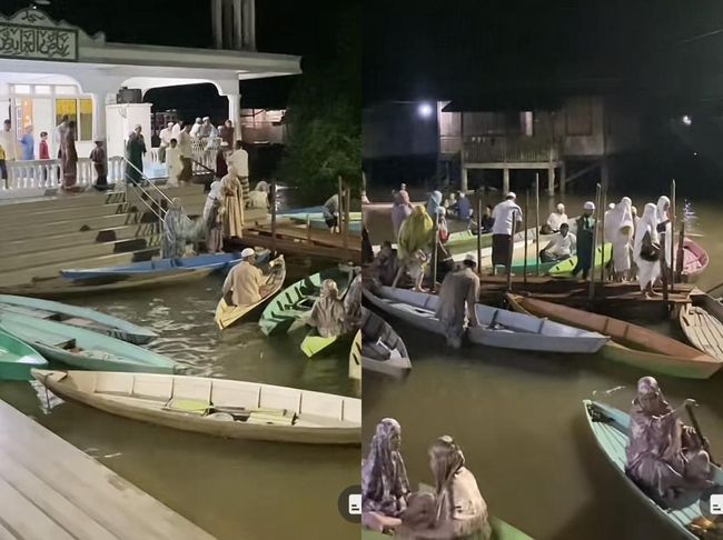 Viral Jamaah Naik Perahu Demi Salat Tarawih di Masjid Akibat Banjir di Jambi