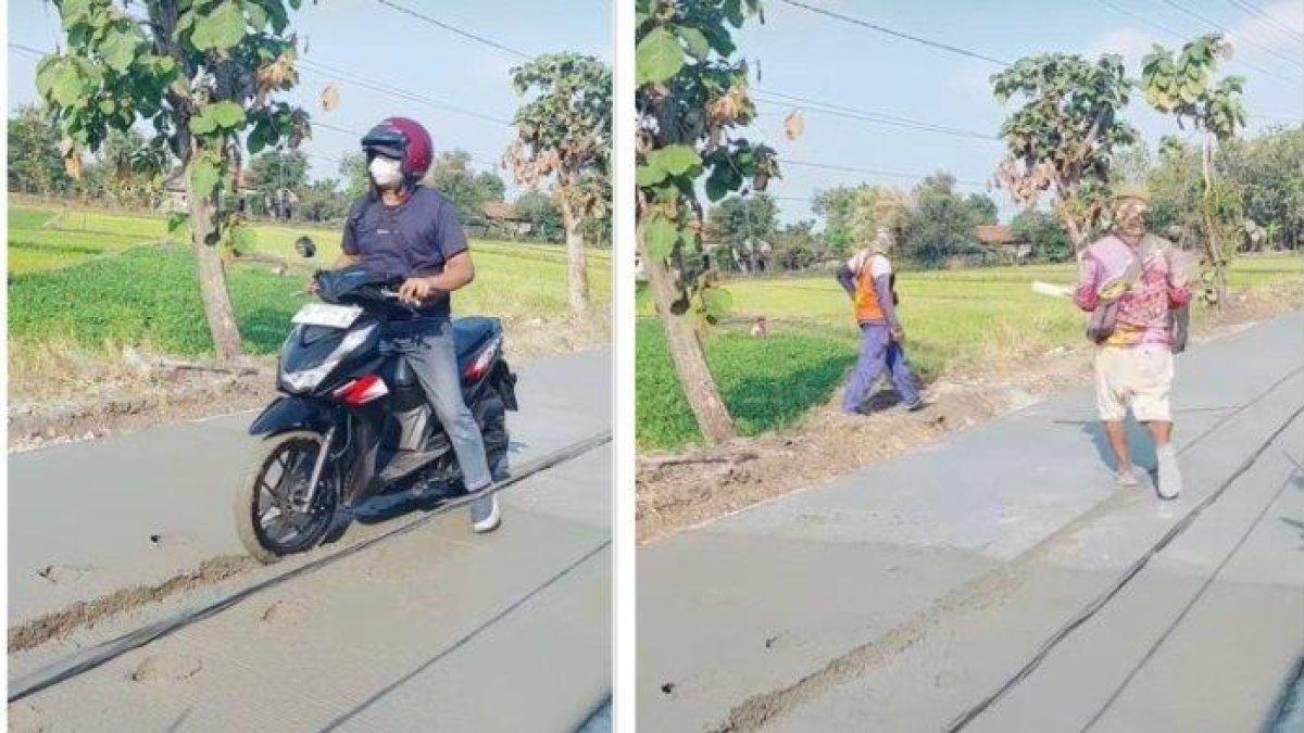 Viral Pemotor Nekat Terobos Jalan Lagi Dicor di Pekalongan, Kades: Ndablek