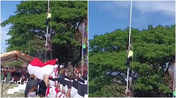 Viral Video Polisi Panjat Tiang untuk Perbaiki Tali Bendera saat Upacara HUT ke 78 RI di Boyolali