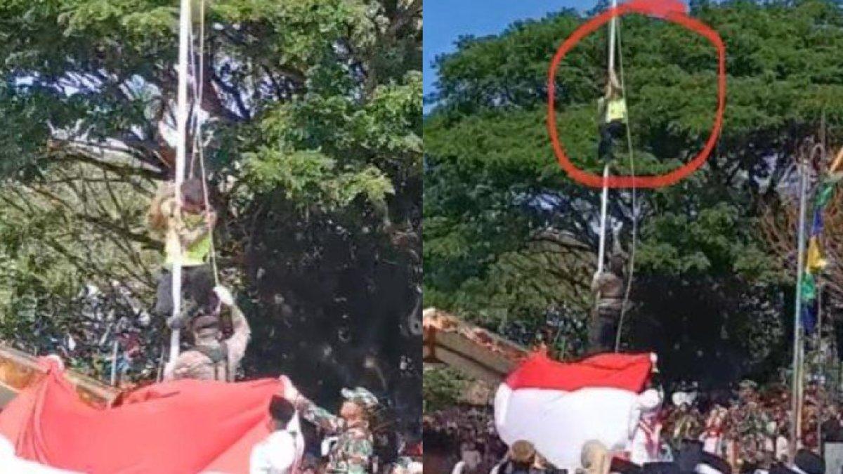 Viral Video Polisi Panjat Tiang untuk Perbaiki Tali Bendera saat Upacara HUT ke 78 RI di Boyolali