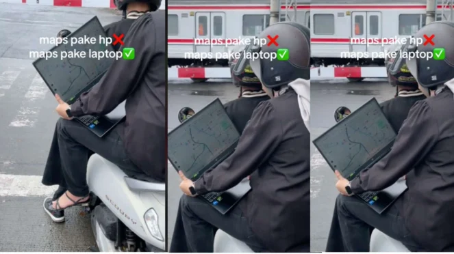 Wanita Buka Google Maps di Laptop Saat Motoran